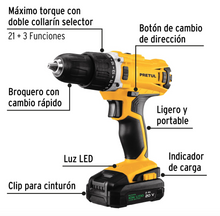 Cargar imagen en el visor de la galería, Taladro Inalámbrico 1/2&quot;, 20V, 1 batería 2Ah, PRETUL
